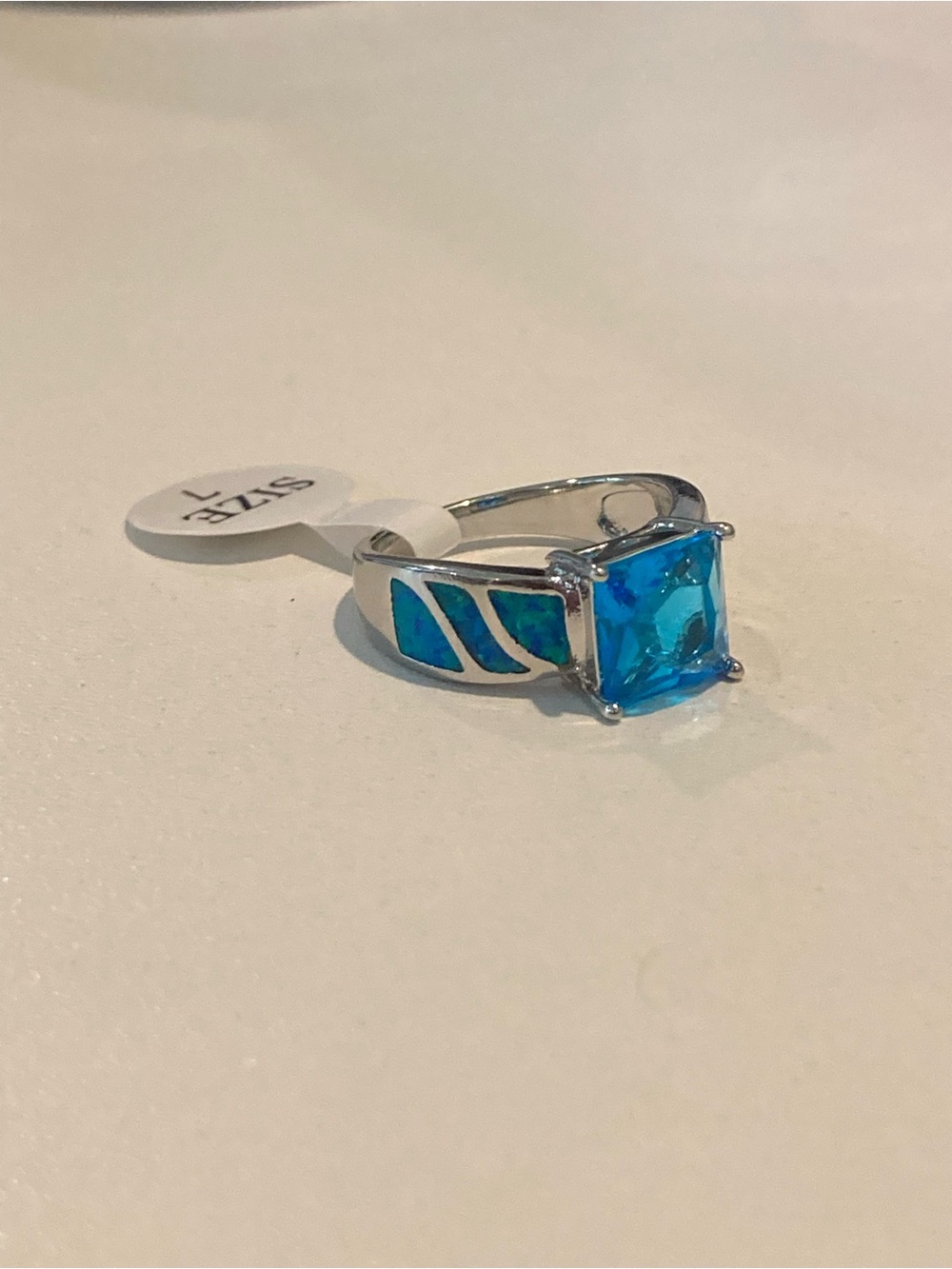 Blue CZ Square-Cut and Blue Opal Ring - Picture 10 of 13